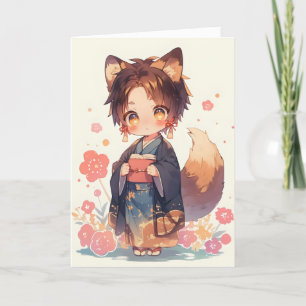 Anime Boy Fox Kitsune Fantasy Feestdagen Kaart