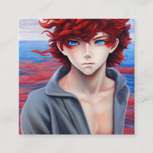 Anime Boy met Red Curly Hair Oil Painting Vierkante Visitekaartje