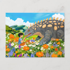 Anime boy picknick met dinosaurus op weide feestdagenkaart
