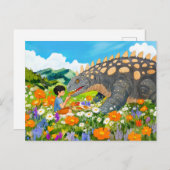 Anime boy picknick met dinosaurus op weide feestdagenkaart (Voorkant / Achterkant)