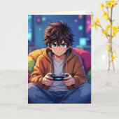 Anime Boy playing Video Game Personalized Birthday Kaart (Gele Bloem)