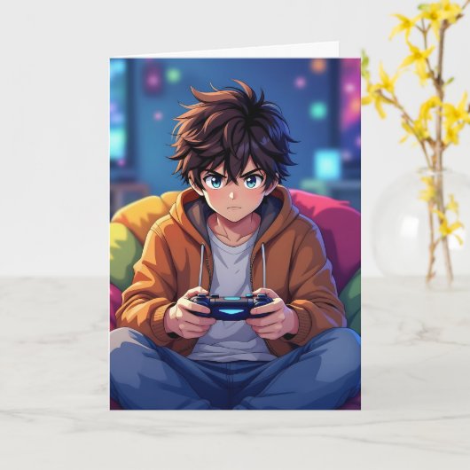 Anime Boy playing Video Game Personalized Birthday Kaart (Gele Bloem)