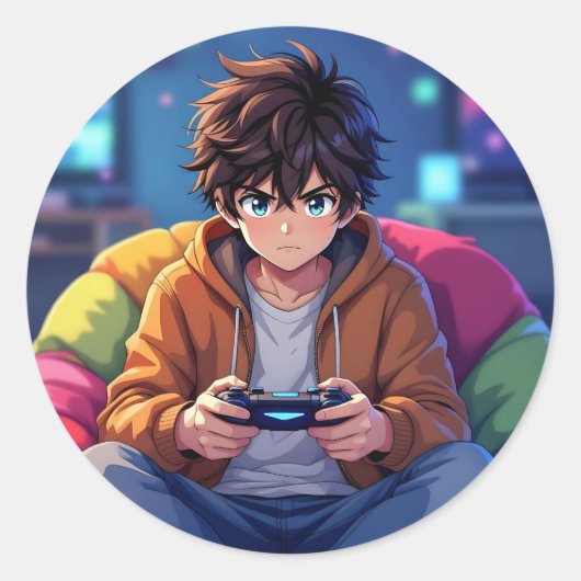 Anime Boy playing Video Game  Ronde Sticker (Voorkant)