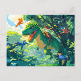 Anime boy rijdend op T-Rex in oerwoud en vogels Feestdagenkaart