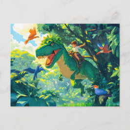 Anime boy rijdend op T-Rex in oerwoud en vogels Feestdagenkaart