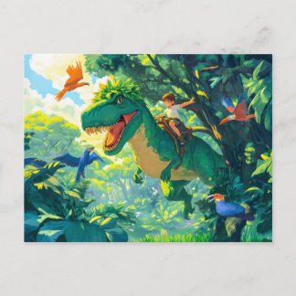 Anime boy rijdend op T-Rex in oerwoud en vogels Feestdagenkaart