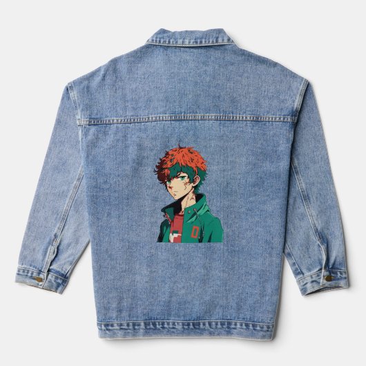 Anime Boy: Sinaasappel en groen haar - Manga Delig Denim Jacket (Achterkant)