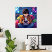 Anime Boy spelen Video Game Poster (Thuiskantoor)