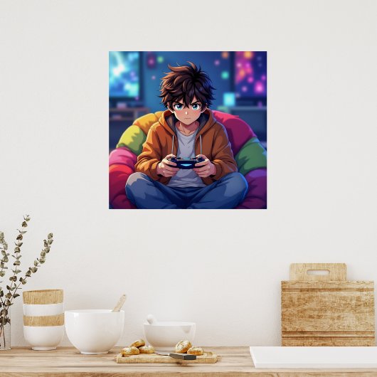 Anime Boy spelen Video Game Poster (Keuken)