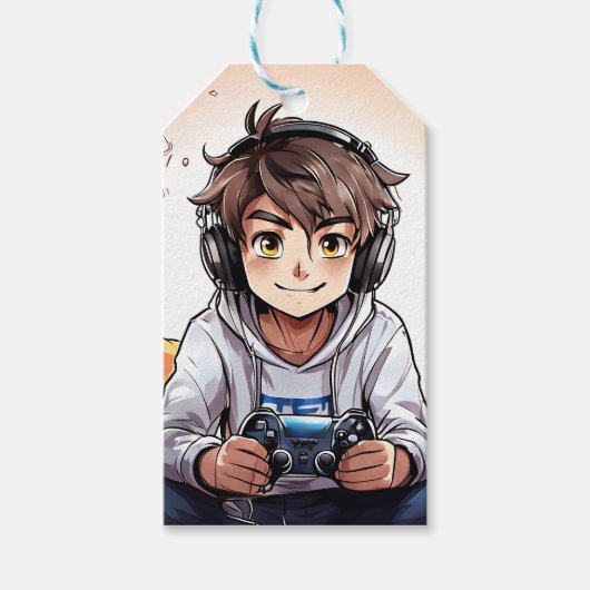 Anime Boy Spelen Video Games Verjaardag Cadeaulabel (Voorkant)