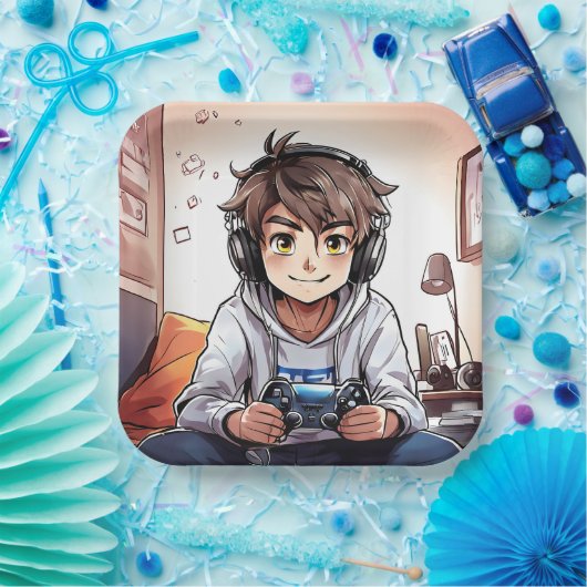 Anime Boy Spelen Video Games Verjaardagsfeest Papieren Bordje (Feest)