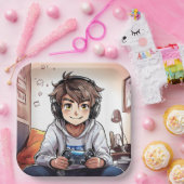 Anime Boy Spelen Video Games Verjaardagsfeest Papieren Bordje (Feest)