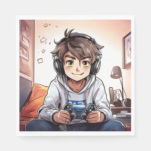 Anime Boy Spelen Video Games Verjaardagsfeest Servet (Voorkant)
