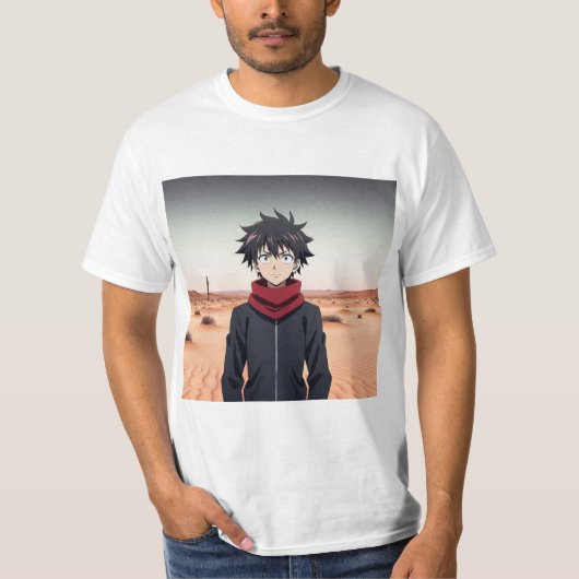 Anime Boy Standing in Desert Landscape – Anime Adv T-shirt (Voorkant)
