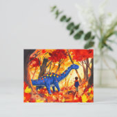 Anime boy wandelende dinosaurus herfstbos feestdagenkaart (Staand voorkant)