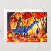 Anime boy wandelende dinosaurus herfstbos feestdagenkaart (Voorkant / Achterkant)