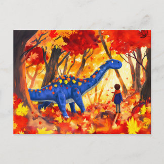 Anime boy wandelende dinosaurus herfstbos feestdagenkaart