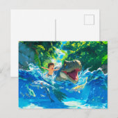 Anime boy zwemt met dinosaurus in zee feestdagenkaart (Voorkant / Achterkant)