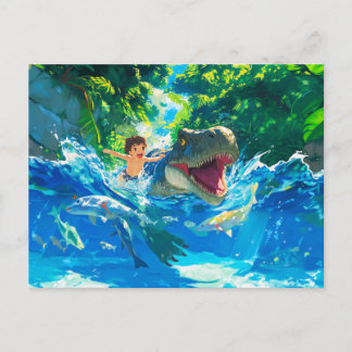Anime boy zwemt met dinosaurus in zee feestdagenkaart