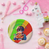 Anime Boy's Pizza Party gepersonaliseerd Papieren Bordje (Feest)
