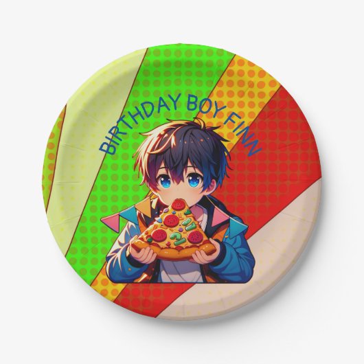 Anime Boy's Pizza Party gepersonaliseerd Papieren Bordje (Voorkant)