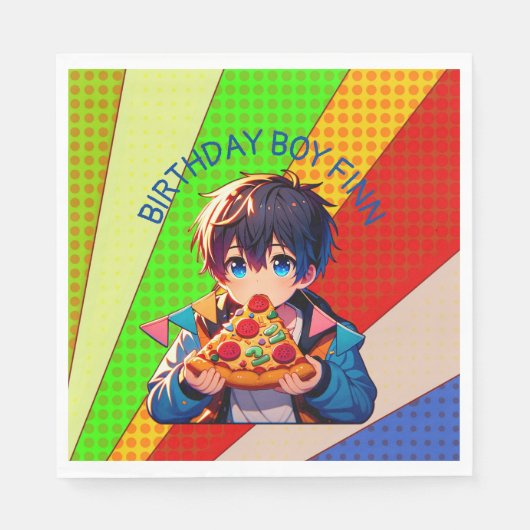 Anime Boy's Pizza Party gepersonaliseerd Servet (Voorkant)
