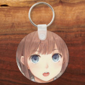 Anime bruine harige meid met blauwe ogen verrast sleutelhanger (Voorkant)
