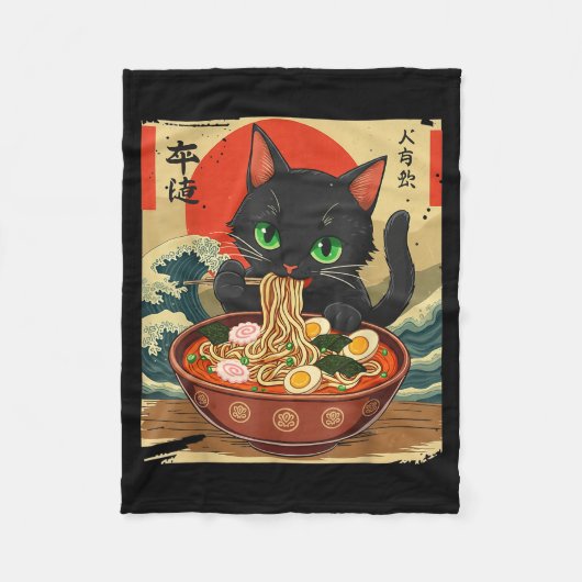 Anime Cat Eating Ramen Japanese Art Graphic Cat Cu Fleece Deken (Voorkant)