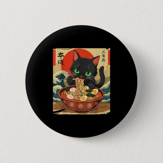 Anime Cat Eating Ramen Japanese Art Graphic Cat Cu Ronde Button 5,7 Cm (Voorkant)