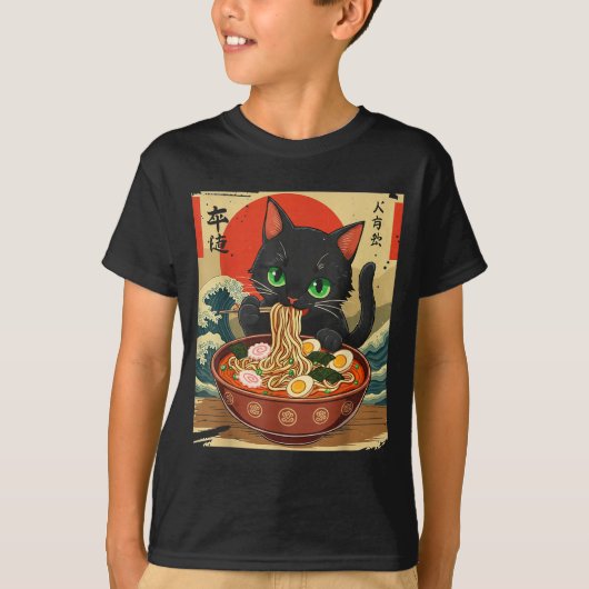 Anime Cat Eating Ramen Japanese Art Graphic Cat Cu T-shirt (Voorkant)