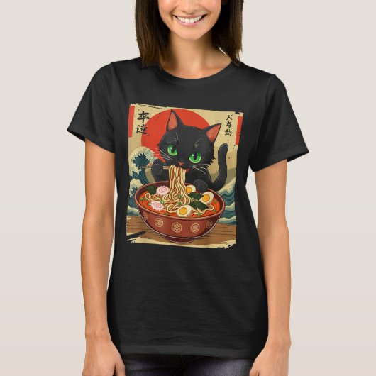 Anime Cat Eating Ramen Japanese Art Graphic Cat Cu T-shirt (Voorkant)
