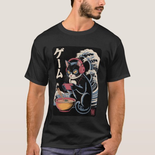 Anime Cat Eating Ramen Japanese Wave Kawaii Neko K T-shirt (Voorkant)