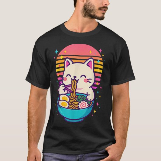Anime Cat Eating Ramen Japans T-shirt (Voorkant)