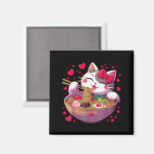 Anime Cat Eating Ramen Noodles With Hearts Valenti Magneet (Voorkant / Achterkant)