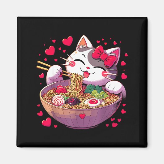 Anime Cat Eating Ramen Noodles With Hearts Valenti Magneet (Voorkant)