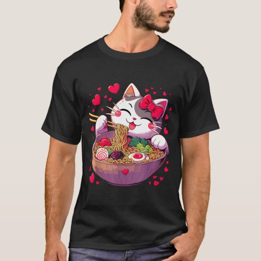 Anime Cat Eating Ramen Noodles With Hearts Valenti T-shirt (Voorkant)