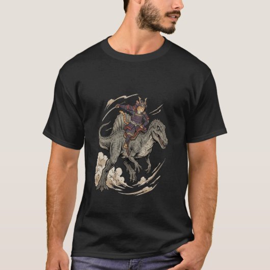 Anime Cat Funny Samurai Cat Riding Dinosaur Spinos T-shirt (Voorkant)