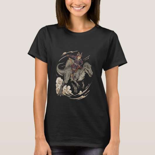 Anime Cat Funny Samurai Cat Riding Dinosaur Spinos T-shirt (Voorkant)