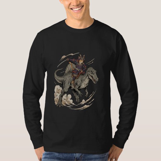 Anime Cat Funny Samurai Cat Riding Dinosaur Spinos T-shirt (Voorkant)