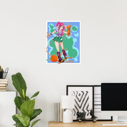 Anime Cat Girl & Cat met Yarn Ball Poster (Thuiskantoor)