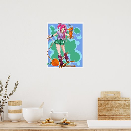 Anime Cat Girl & Cat met Yarn Ball Poster (Keuken)