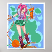 Anime Cat Girl & Cat met Yarn Ball Poster (Voorkant)