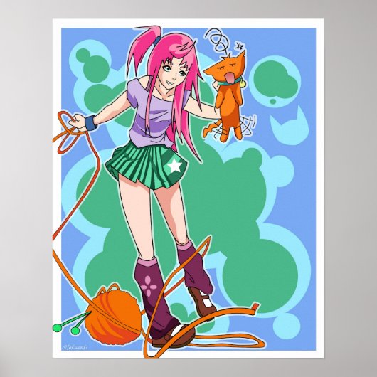 Anime Cat Girl & Cat met Yarn Ball Poster (Voorkant)