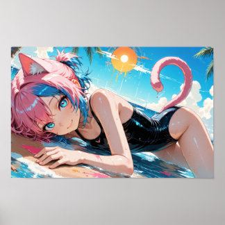 Anime Cat Girl Summer Beach Fun Poster