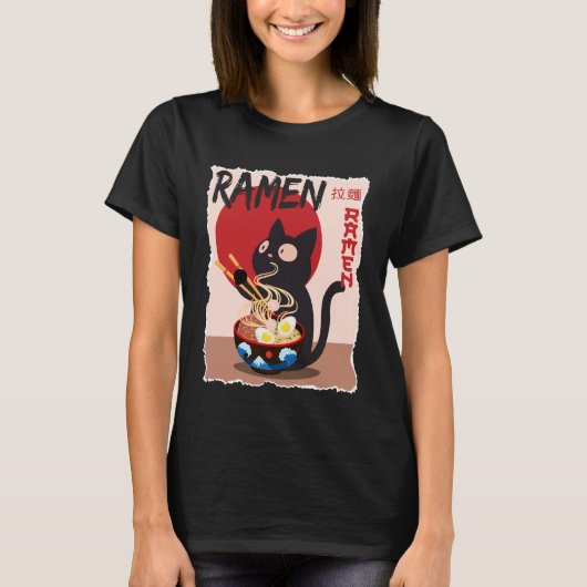 Anime Cat Ramen Instant Noodles Funny Japanese Cat T-shirt (Voorkant)