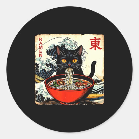 Anime Cat Ramen Japanese Funny Graphic Tees Kawaii Ronde Sticker (Voorkant)
