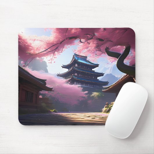 Anime Cherry Blossom & Pagode Uitzicht Landschap Muismat (Met muis)