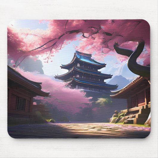 Anime Cherry Blossom & Pagode Uitzicht Landschap Muismat (Voorkant)