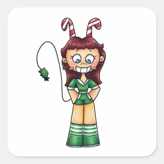 Anime Chibi Candy Cane Meisje Kerst Karakter Vierkante Sticker (Voorkant)