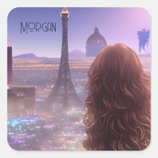 Anime City Girl Day Dreaming over Skyline Vierkante Sticker (Voorkant)